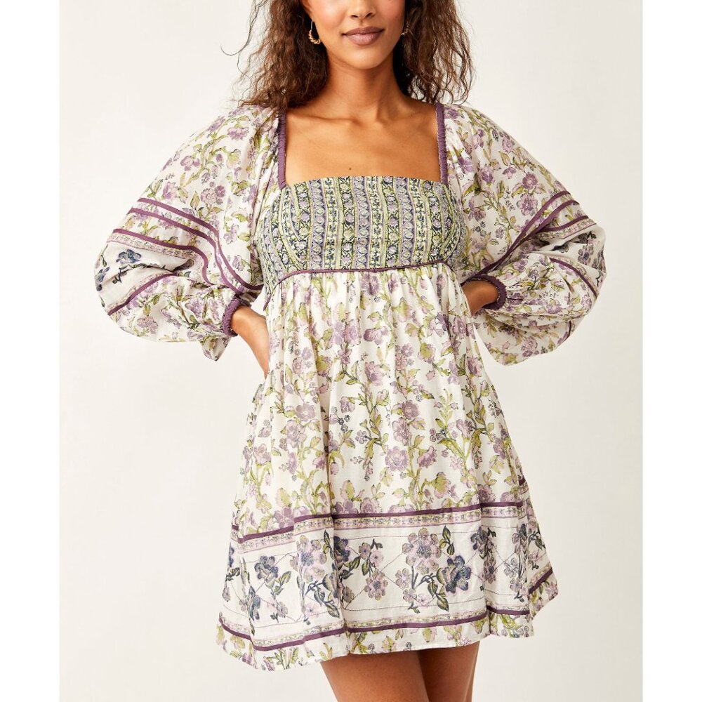 Free People Floral Mini Dress in Lavender, Green, and Cream